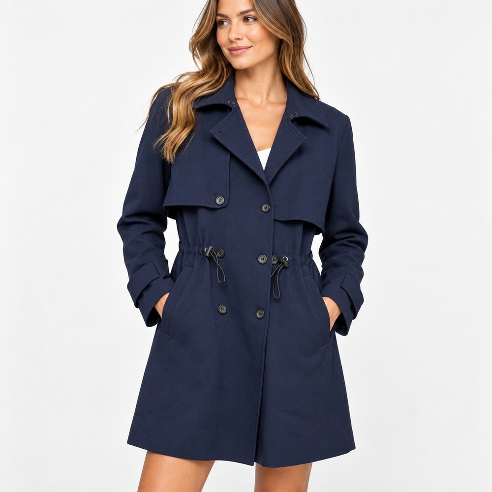 Madewell Navy Blue Drawstring Waist Double Breasted Trench Coat Women Medium
